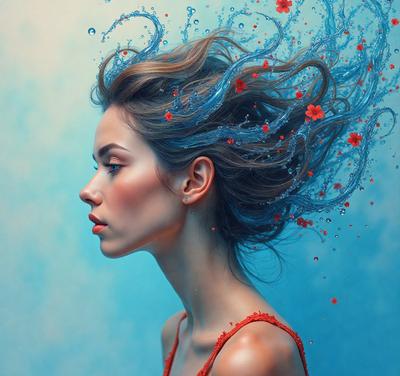 The primary subject of the image is a woman with long hair, who is wearing a red shirt. She is looking at the camera with a pensive expression. The setting is a blue background, which adds a sense of depth and contrast to the image. The visual style is a combination of photo and digital art, creating a unique and artistic representation of the woman. The colors in the image are predominantly blue and red, which contribute to the overall mood and atmosphere of the scene.